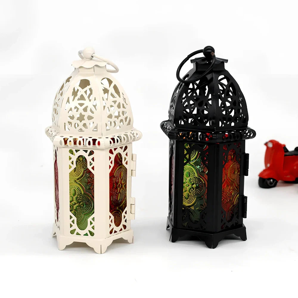 Wrought iron candle holder with 16cm height and 7cm diameter in black finish showing hanging design