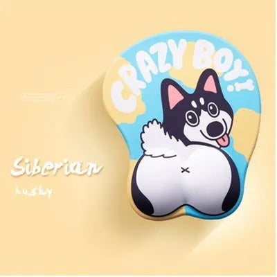 Corgi-shaped 3D mouse pad with wrist support cushion in blue, green, pink or yellow colour options