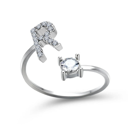 Personalized Initial Letter Crystal Ring with Adjustable Design in Gold, Silver, and Rose Gold Colors