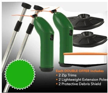 Cordless lawn trimmer with extension pole and debris shield for garden maintenance