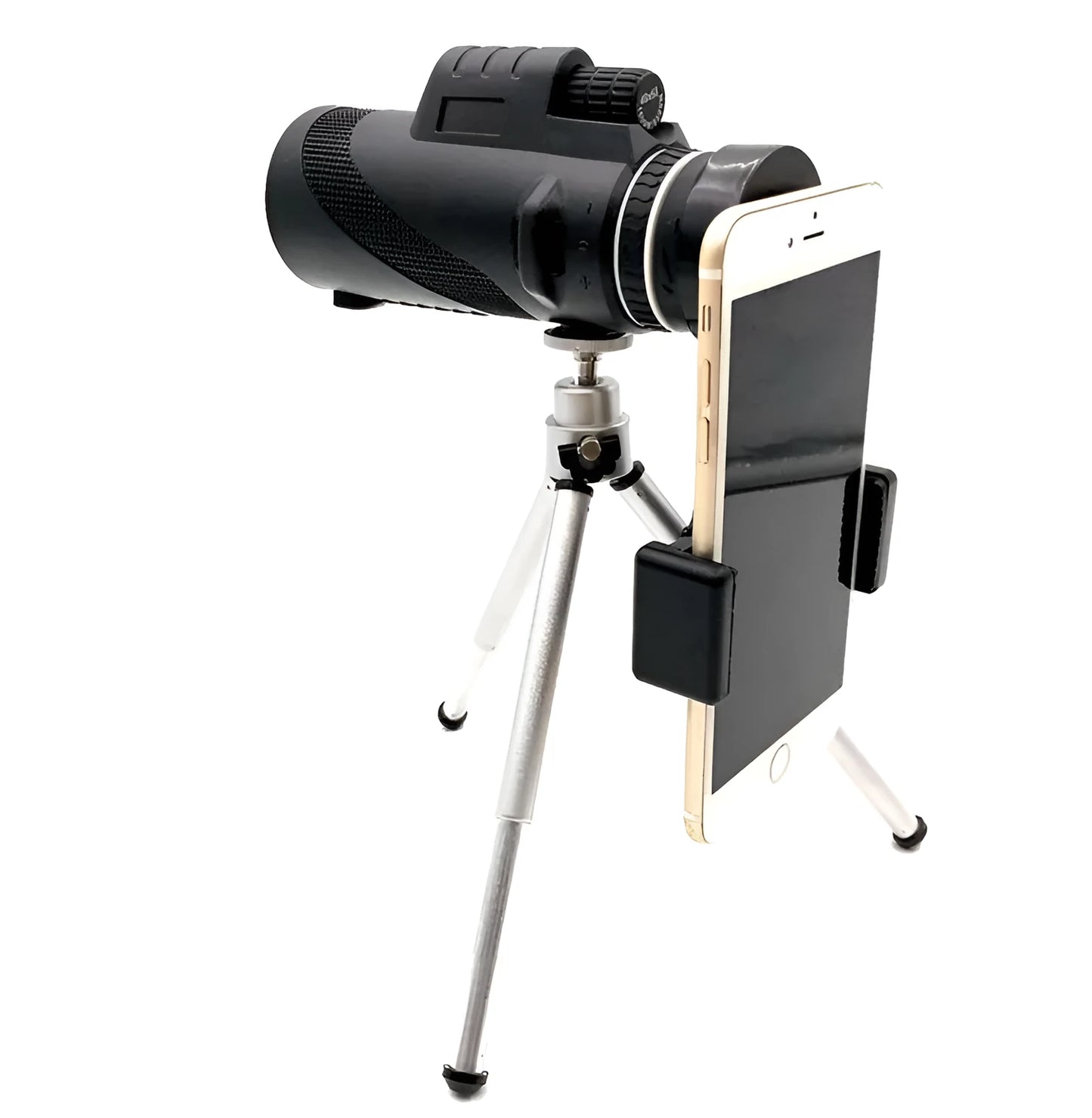 Black HD 40x60 monocular telescope with smartphone attached, showing 40x magnification and compact design.