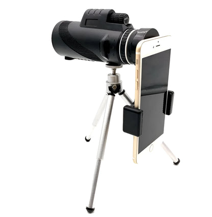 Black HD 40x60 monocular telescope with smartphone attached, showing 40x magnification and compact design.