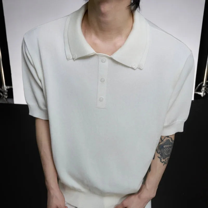 Men's slim knit short sleeve shirt with double collar design in black colour