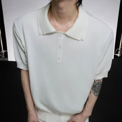 Men's slim knit short sleeve shirt with double collar design in black colour