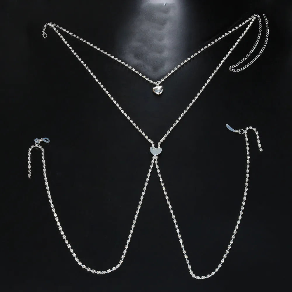 Gold or silver electroplated heart-shaped body chain with rhinestone and stone decoration for women