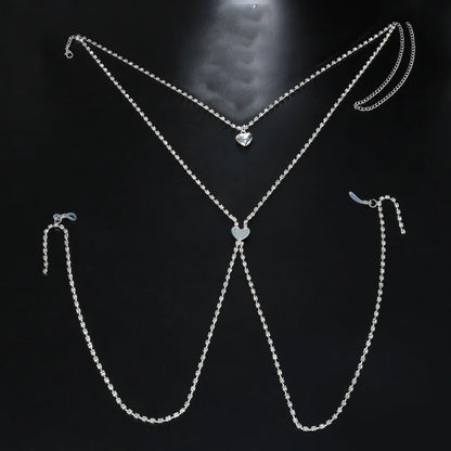 Gold or silver electroplated heart-shaped body chain with rhinestone and stone decoration for women