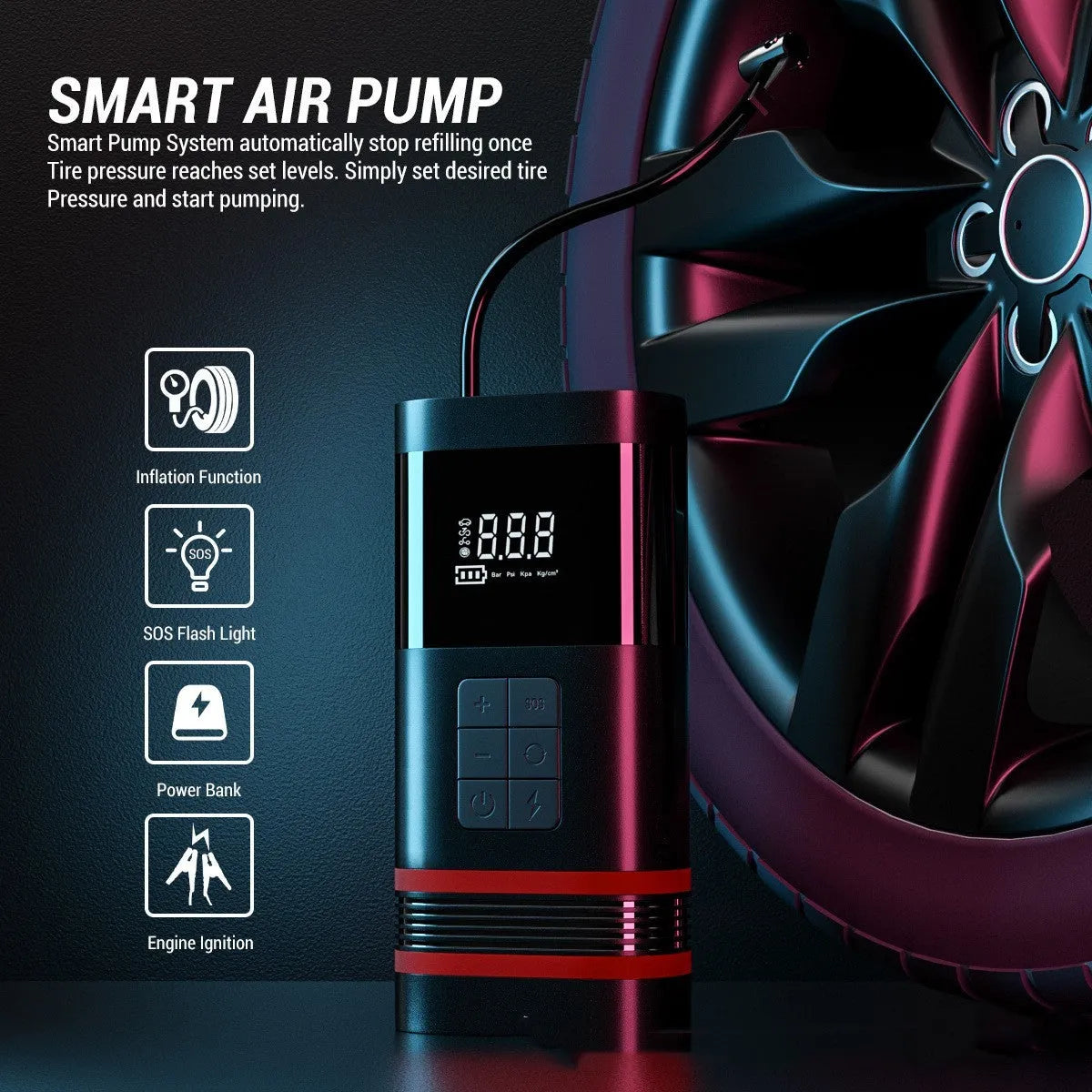 Black wireless portable 100W car jump starter power bank with jumper pins and charging cables on a table.