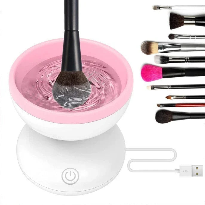 Electric makeup brush cleaner with silicone container and automatic cleaning capabilities for all brush sizes