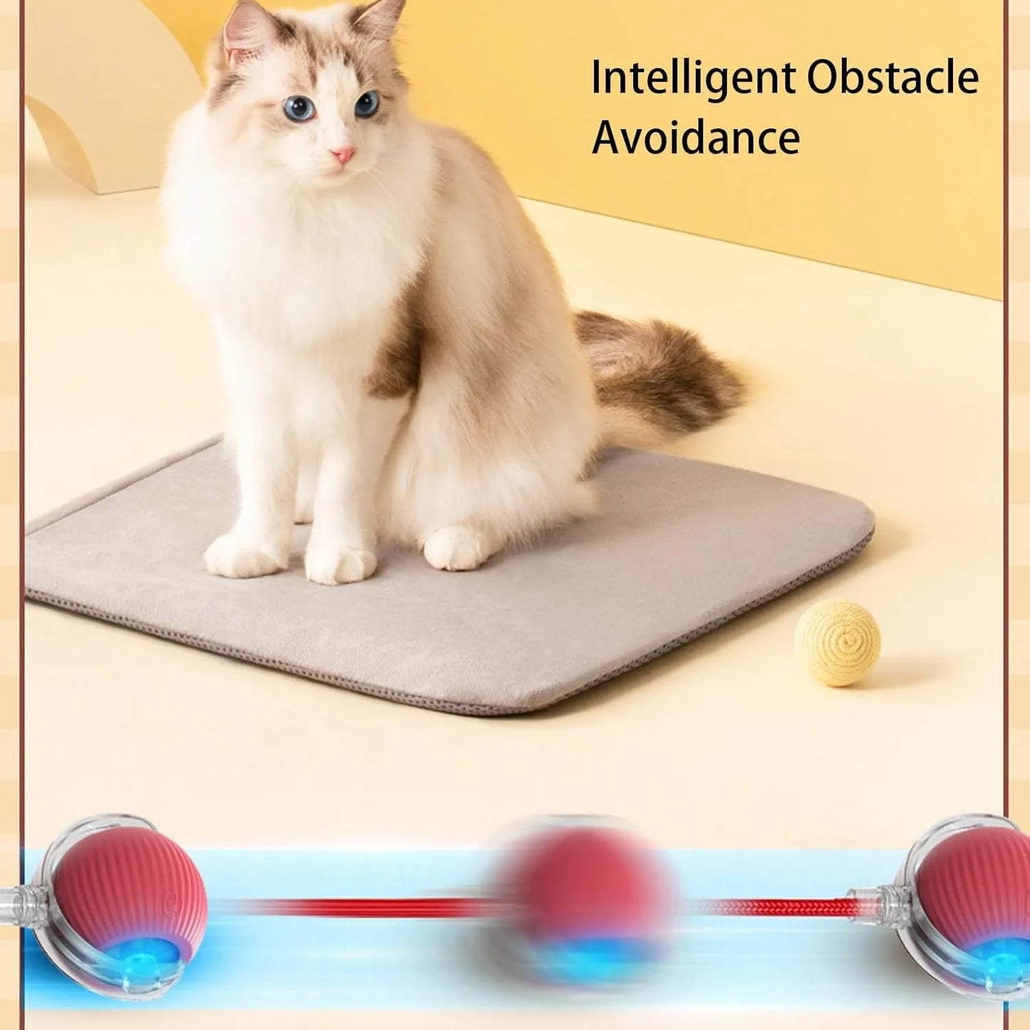 Smart automatic 360 rolling pet ball toy with rope attachment in grey, green, and red colours