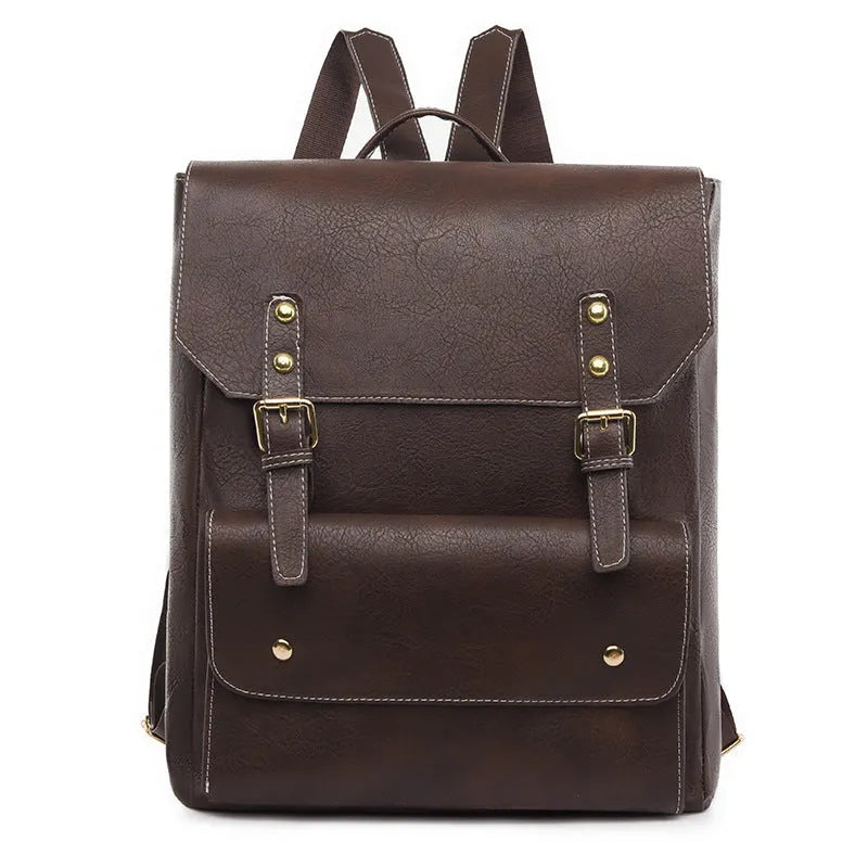 Korean style retro simple backpack in brown colour showing PU material and ventilation design