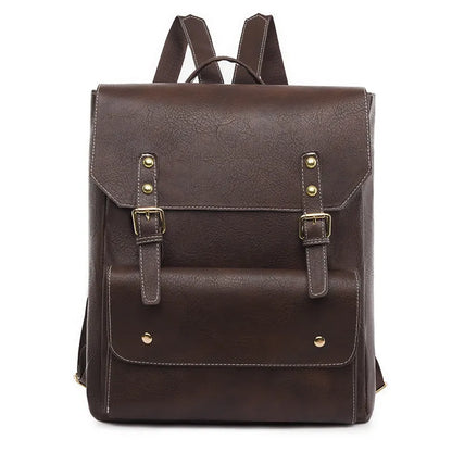 Korean style retro simple backpack in brown colour showing PU material and ventilation design