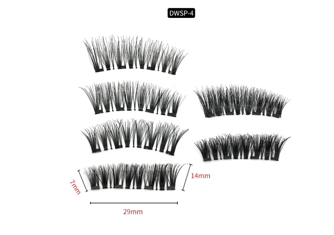 Four magnet false eyelashes in imported fibre with hand made construction and optional eyelash curler