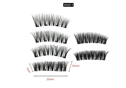 Four magnet false eyelashes in imported fibre with hand made construction and optional eyelash curler