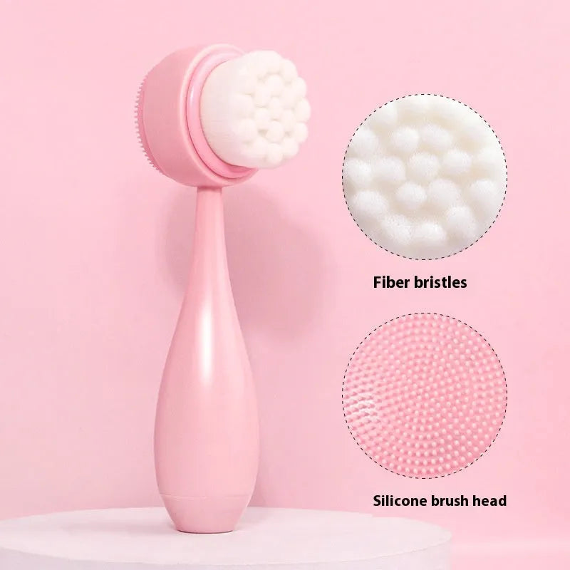 Facial brush set with coral fleece hair band and four nylon-bristle brushes in purple, grey, white, or pink colours