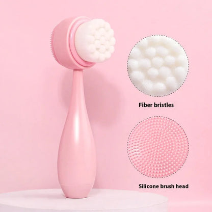 Facial brush set with coral fleece hair band and four nylon-bristle brushes in purple, grey, white, or pink colours