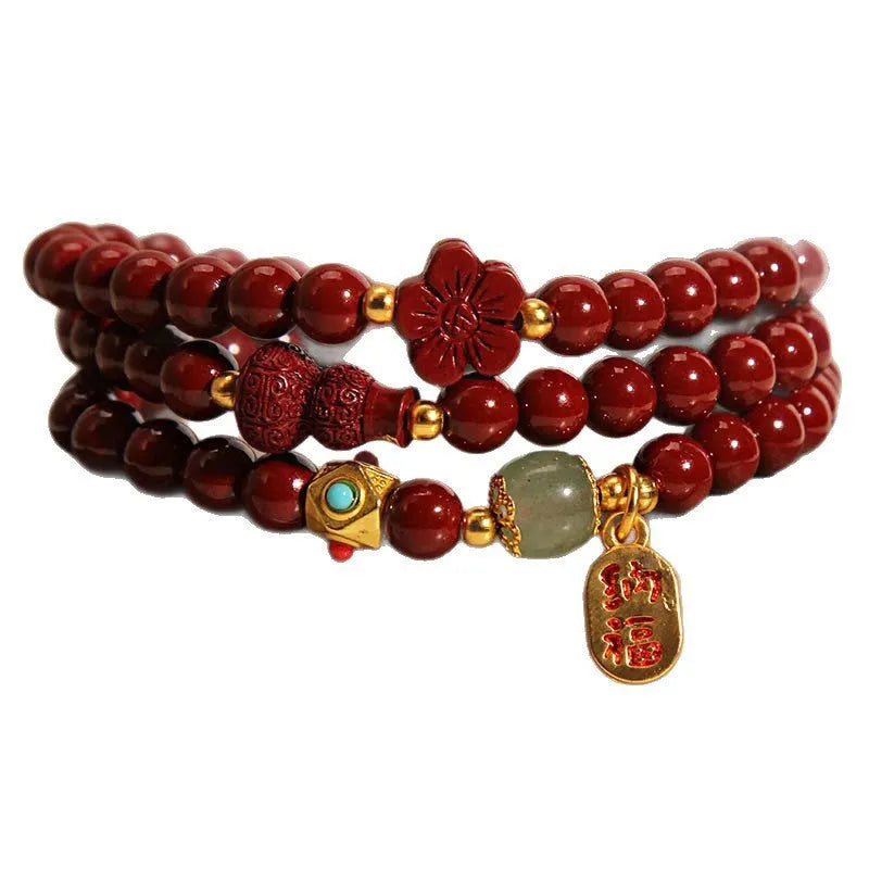 6mm cinnabar bracelet with multi-circle gourd five petal flower design in Chinese style