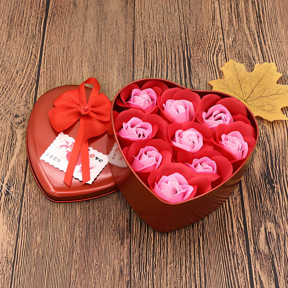 Handmade soap flowers in red heart-shaped tin box measuring 12x12x5cm