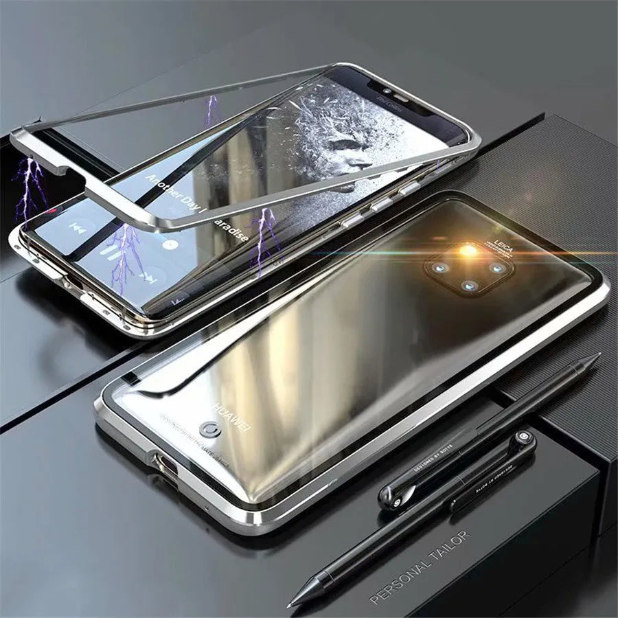 Magnetic phone case with metal frame and 9H tempered glass back in black, blue, red, or white for Honor and Huawei phones