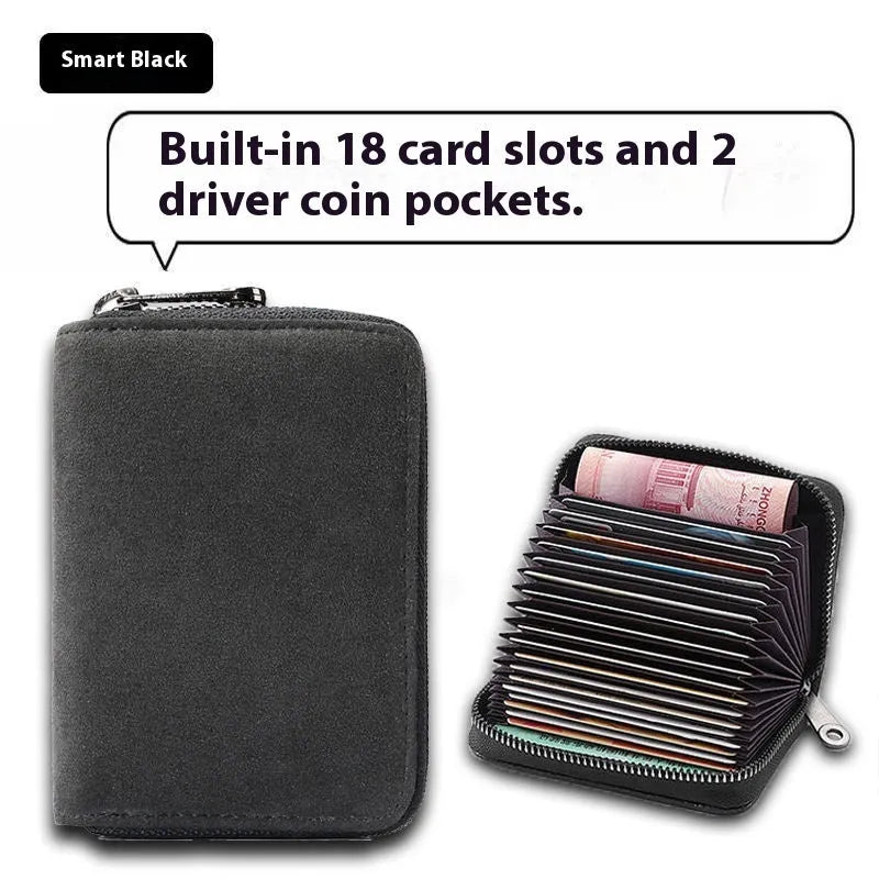 Men's suede-effect PU leather card holder with anti-degaussing protection showing card slots