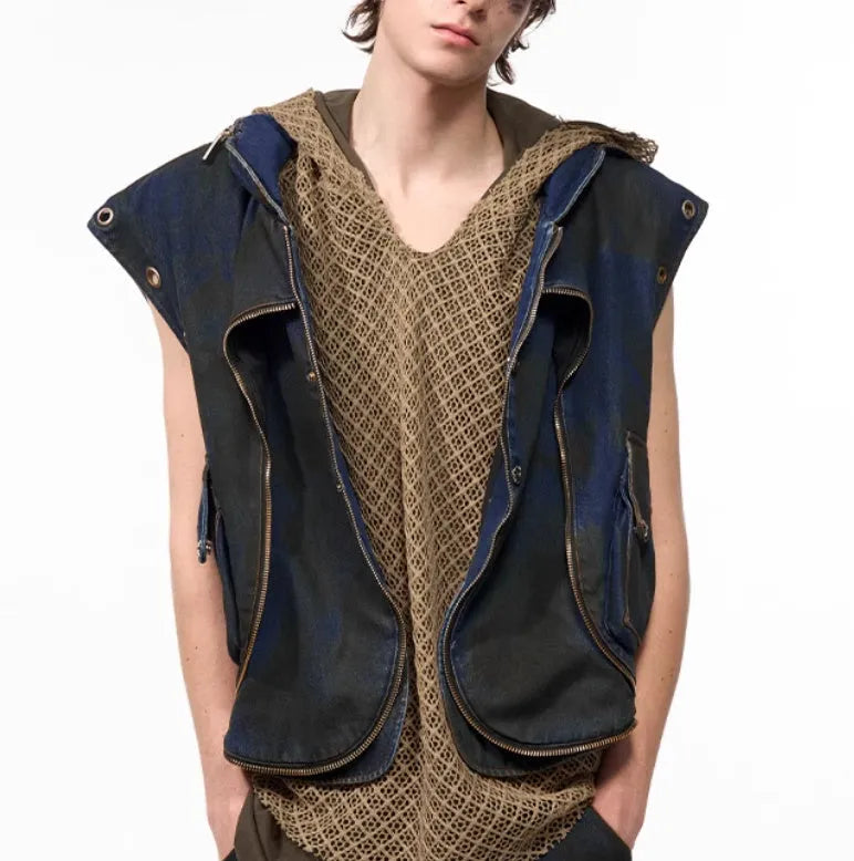 Korean style hooded denim vest coat jacket with matching blue trousers