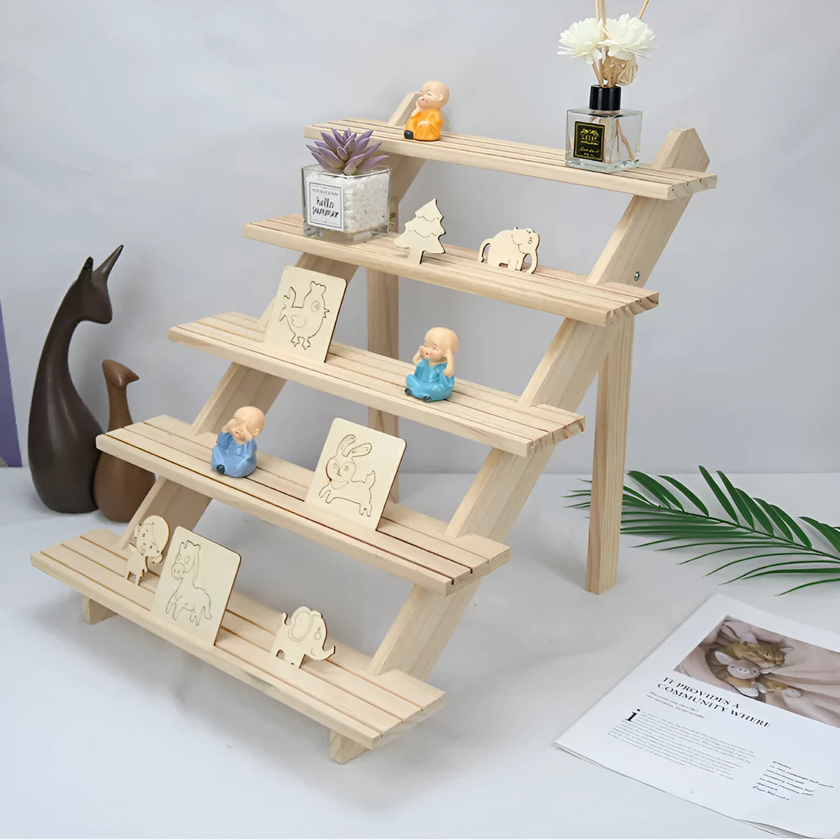Multi-layer wooden stepped shelf in natural wood or walnut colour, shown in 2 to 5 tier floor-standing versions