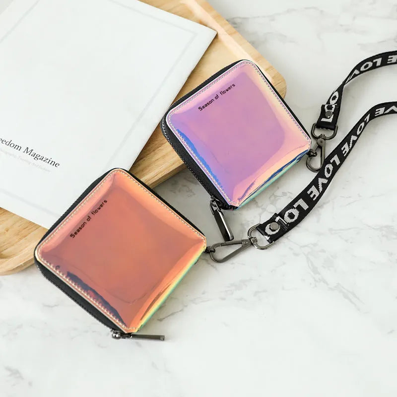 Short folding women's wallet in Korean style PU leather with multiple colour options including crystal blue, magic nail glitter, and symphony green, compact size of 11cm length by 11cm width and 2.5cm thickness for essential storage