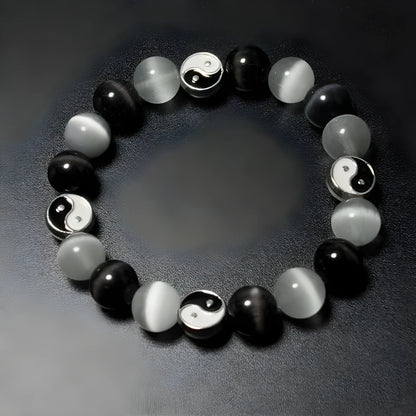 Opal agate Tai Chi bracelet with black agate inlays, 10mm beads, Chinese style design for men and women