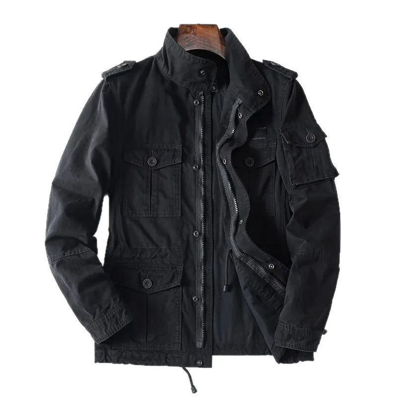 Men's loose-fit cotton zip jacket in light brown colour on a hanger, showing stand collar and front zip.