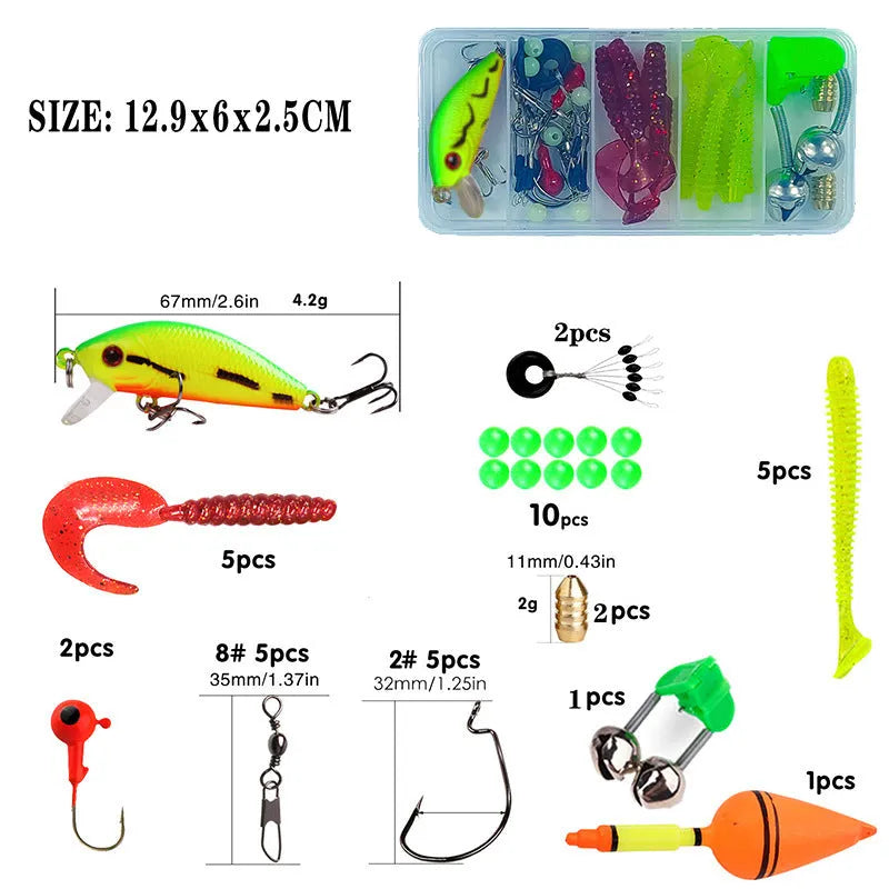 Children's fishing rod suit with pole and wheel reel in blue, green, red or yellow colours with bait accessories