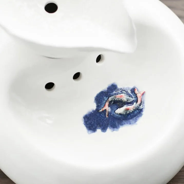Ceramic automatic cat water dispenser with leaf design in white or pink, porcelain pet fountain with EU or US plug