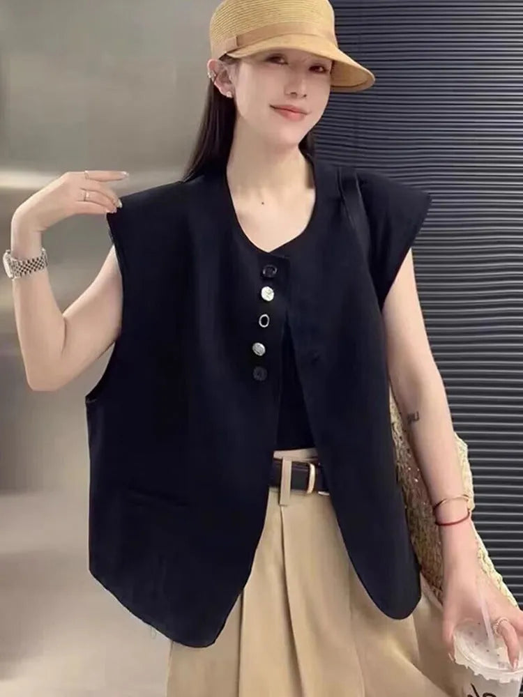 Women's loose-fit milky white polyester vest with pockets, shown on a model, demonstrating its short 40cm length.