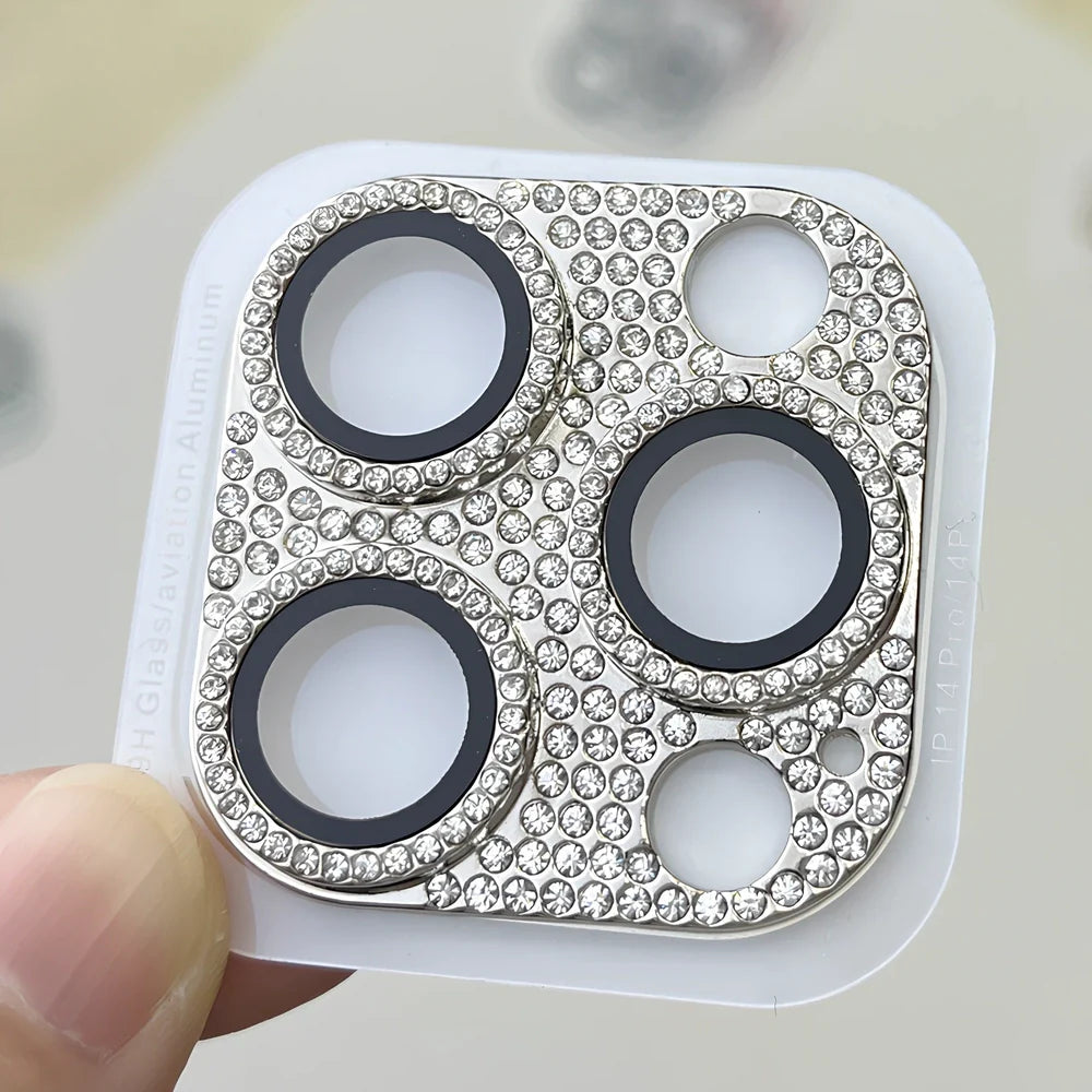 Diamond-embedded iPhone lens protector with 9H hardness showing black colour option on iPhone 15 Pro