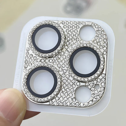Diamond-embedded iPhone lens protector with 9H hardness showing black colour option on iPhone 15 Pro