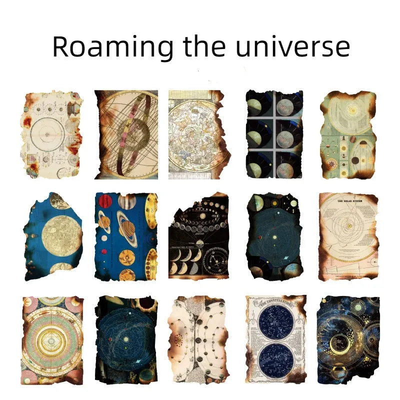 Sugar Poem burnt fragments paper set showing irregular shaped retro pieces in various themes