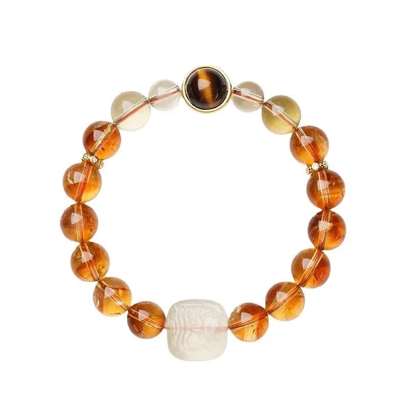 Women's carved citrine crystal ethnic bracelet with geometry pattern measuring 10mm wide
