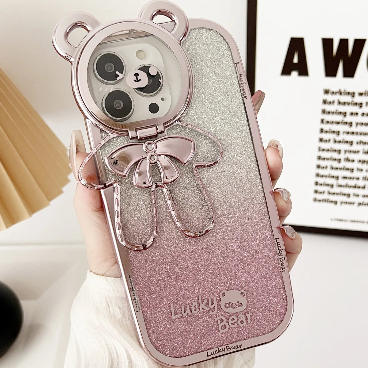 Electroplating glitter phone case with lucky bear bracket and crossbody bag element in Dark Night Purple, Gold or Pink
