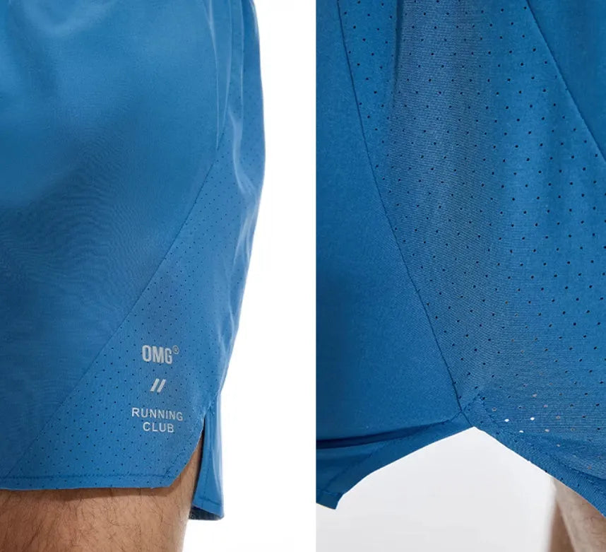 Men's black and blue stretch running shorts with laser punch stitching detail on the legs.
