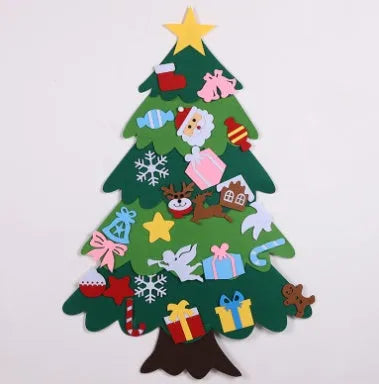 3D layered DIY felt Christmas tree with 32 decorations including Santa, reindeer, snowman, and stockings