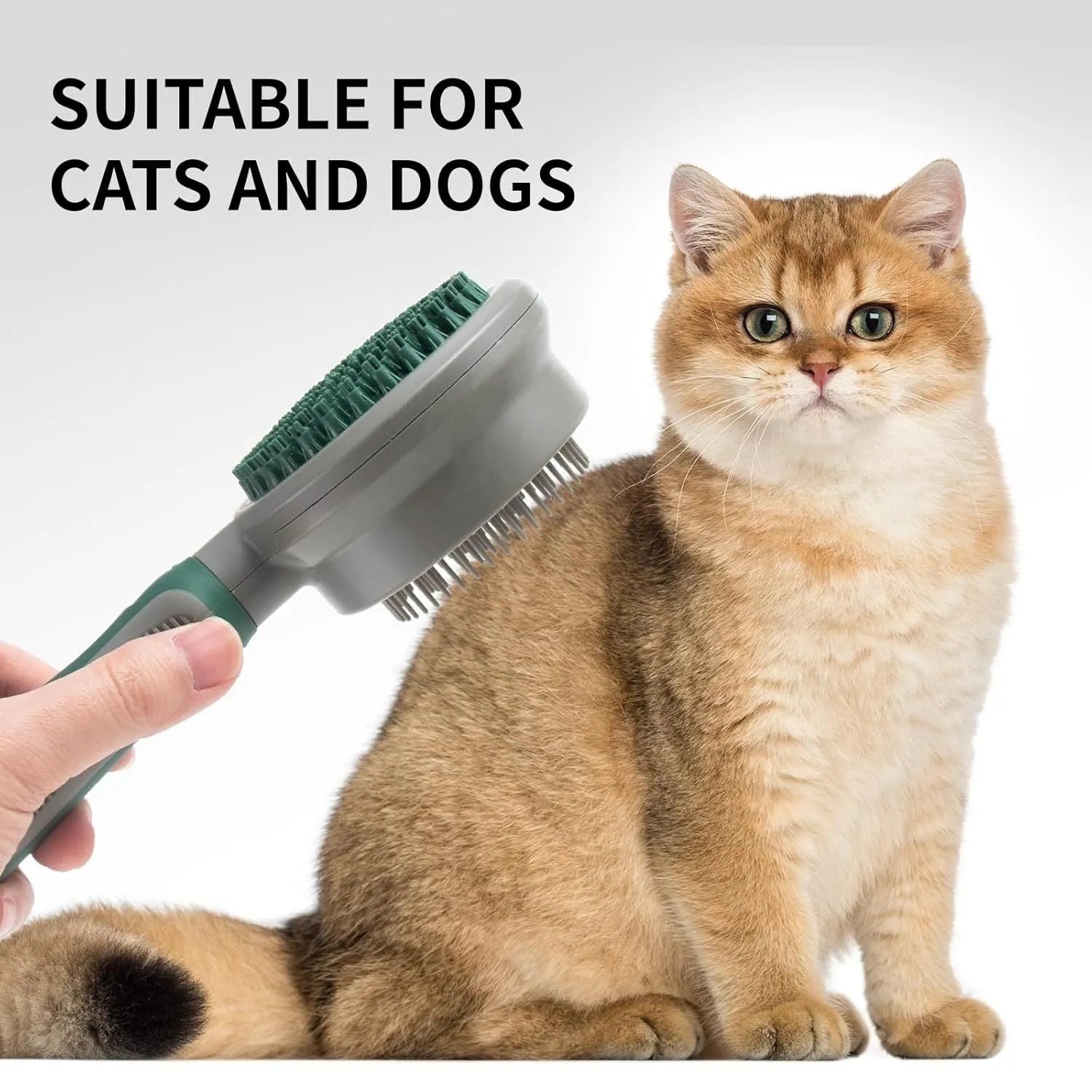 Green and pink dual-sided pet brush showing slicker pins and silicone massage nubs on a wooden table.
