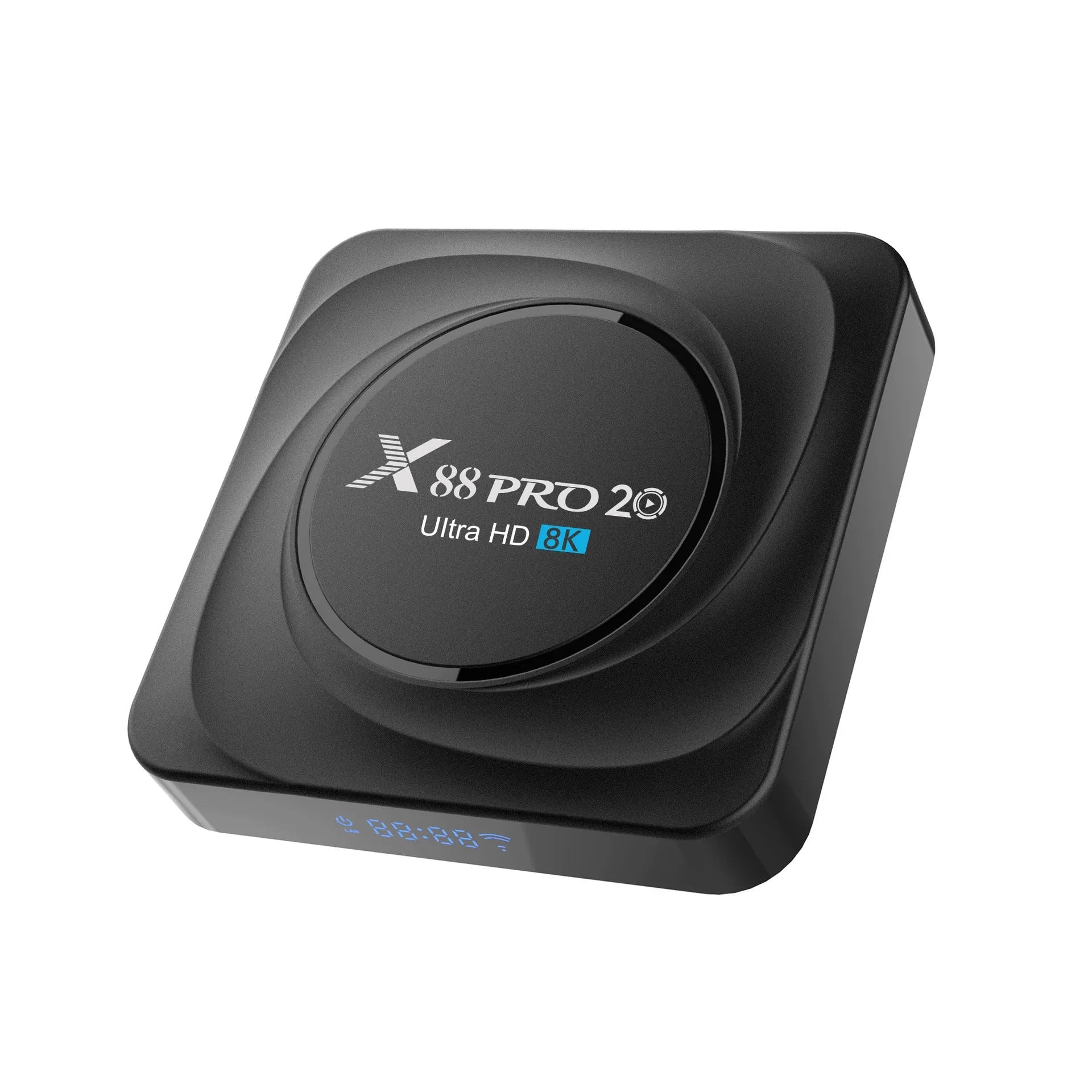 Compact black Android TV set-top box with HDMI port, remote control, and power cable.