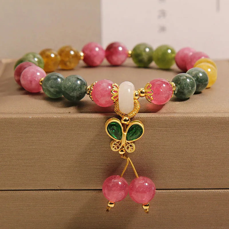 Colourful butterfly pendant tourmaline bracelet with natural jade stones and rhinestone decoration on alloy setting