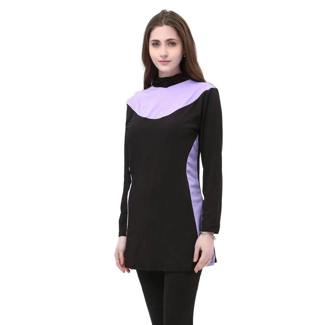 Conservative black women's swimsuit with long sleeves, a hood, and rose red trim.