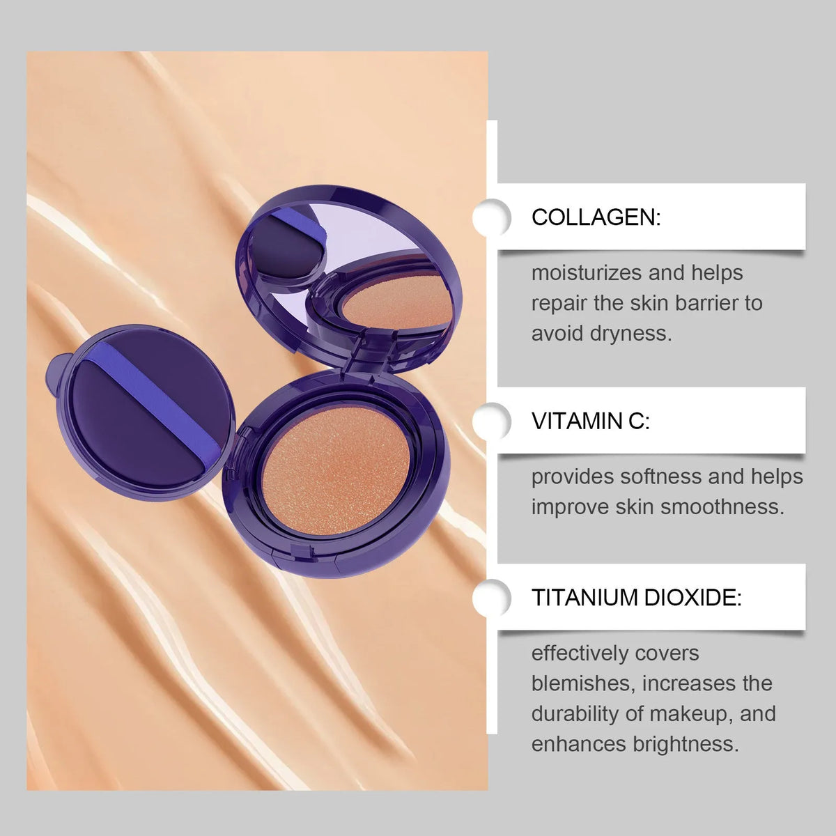 Soft matte cream concealer compact in Ivory White shade with air cushion applicator.