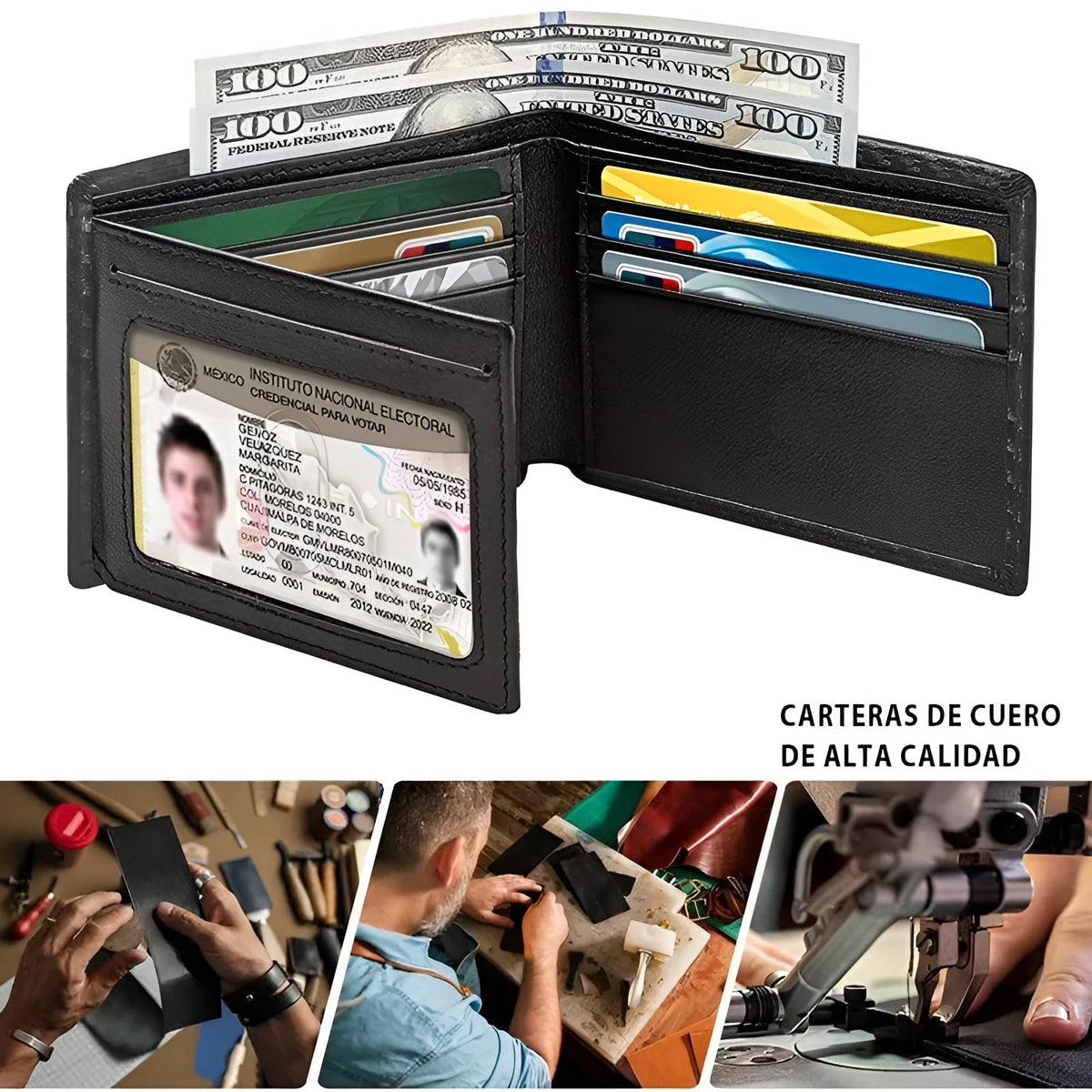 Men's black carbon fiber anti-magnetic wallet with PU leather outer, microfiber lining, and sewing line detail