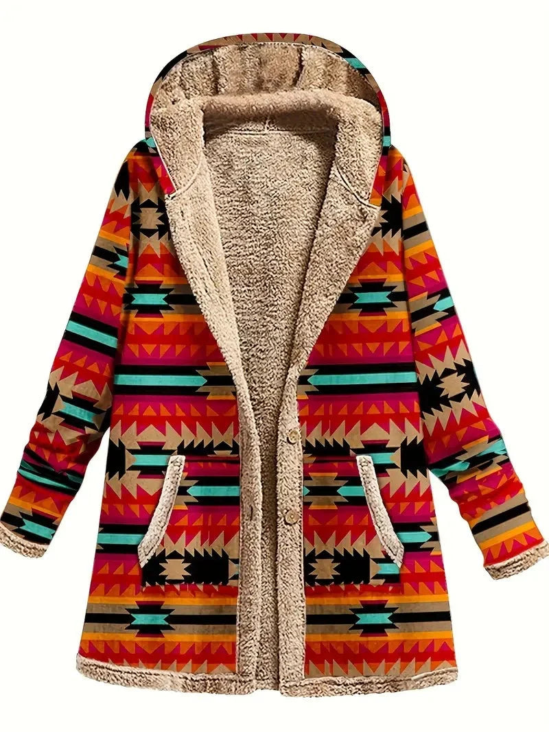 Cotton and linen printed hoodie with warm plush interior in various colors