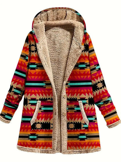 Cotton and linen printed hoodie with warm plush interior in various colors
