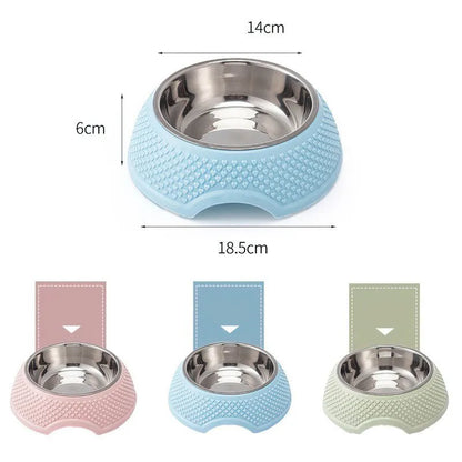 Set of four stainless steel pet bowls with non-slip bases in blue, green, and pink colours.