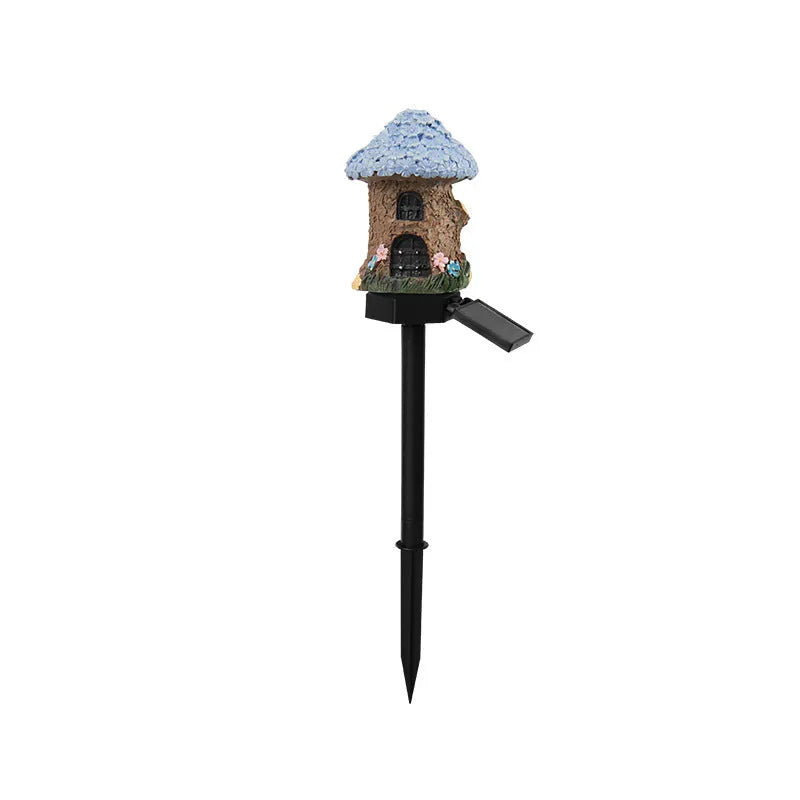 Flower-shaped solar garden light with resin housing for outdoor decorative lighting.