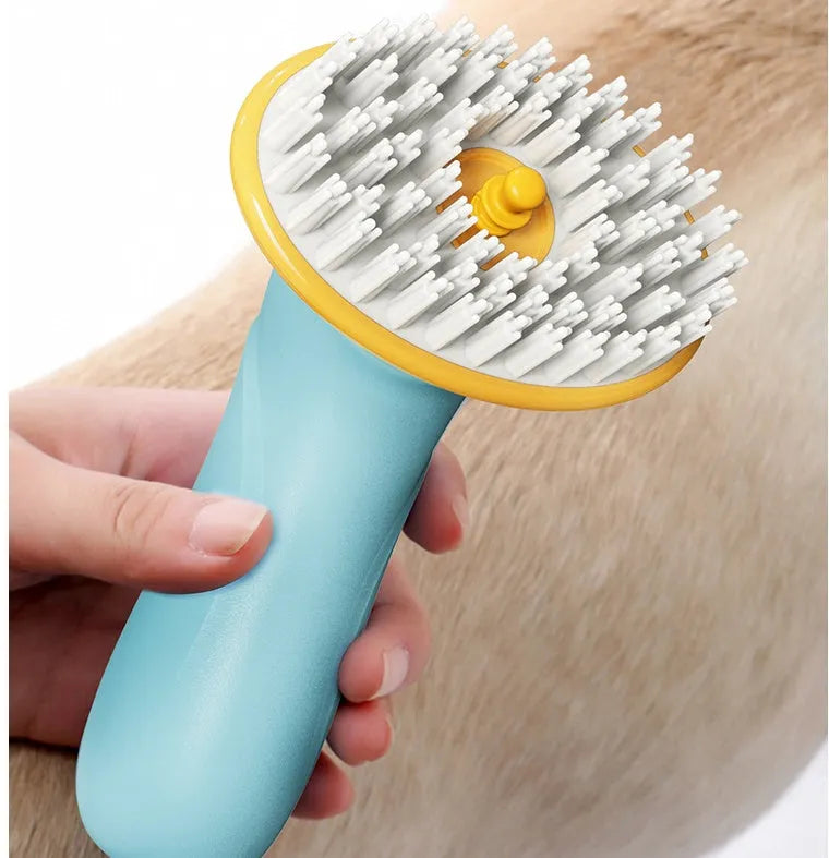 Blue hand-held pet bath brush with soft bristles for dog and cat grooming.