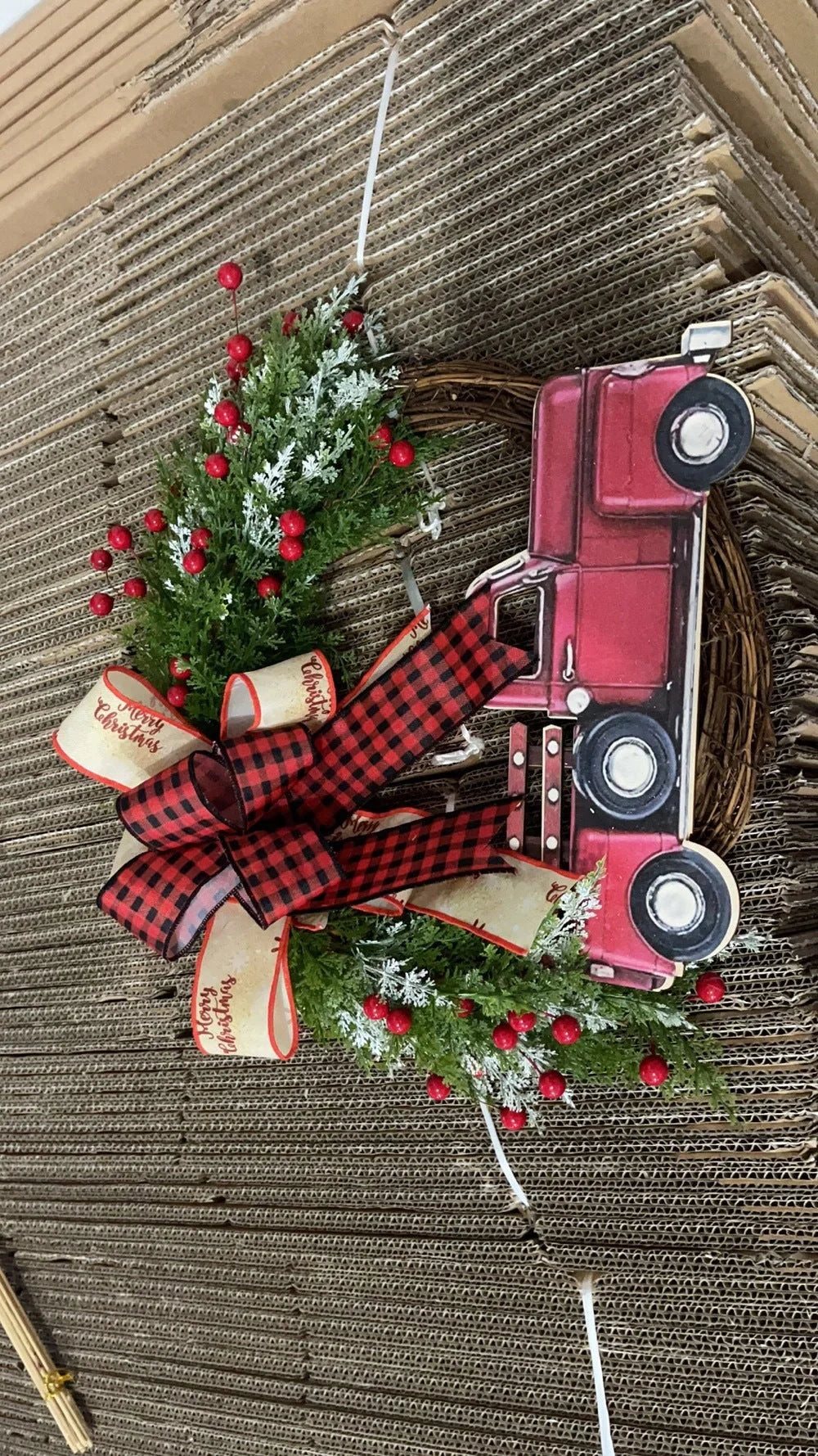 Christmas wooden garland with red truck and pumpkin design